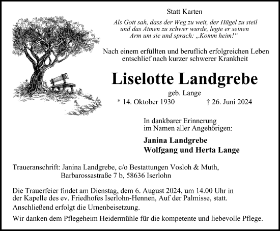 Traueranzeige von Liselotte Landgrebe von Tageszeitung