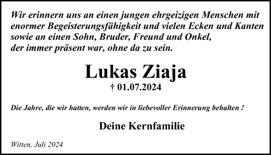 Traueranzeige von Lukas Ziaja von Tageszeitung