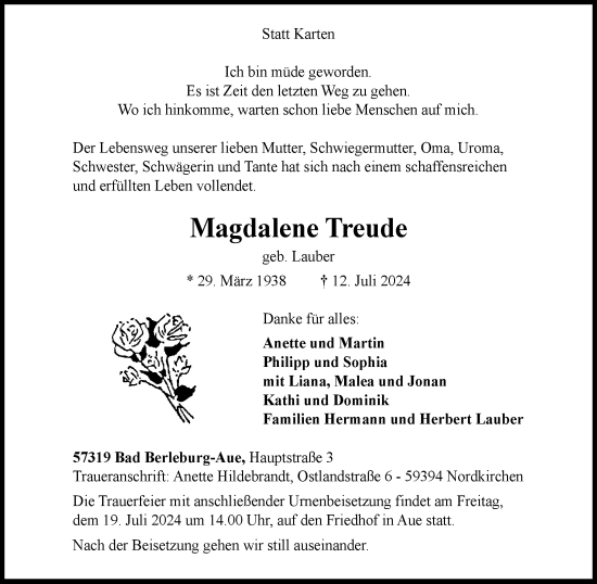 Traueranzeige von Magdalene Treude von Tageszeitung