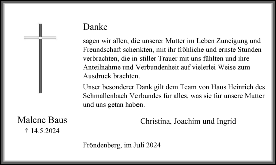 Traueranzeige von Malene Baus von Tageszeitung