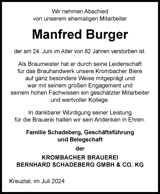 Traueranzeige von Manfred Burger von Tageszeitung