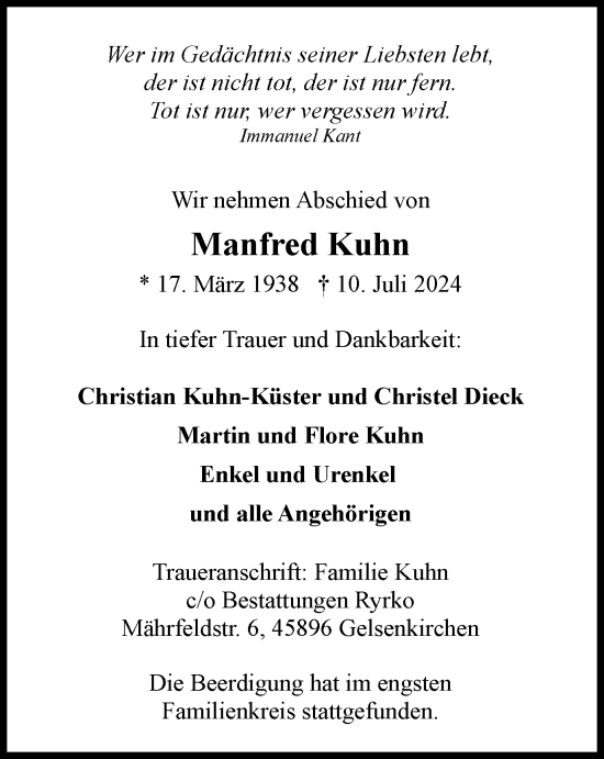 Traueranzeige von Manfred Kuhn von Tageszeitung