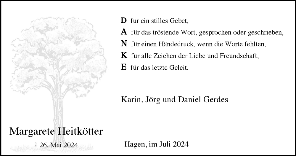  Traueranzeige für Margarete Heitkötter vom 13.07.2024 aus Tageszeitung