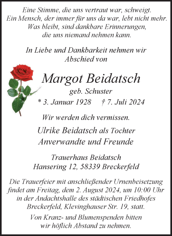 Traueranzeige von Margot Beidatsch von Tageszeitung