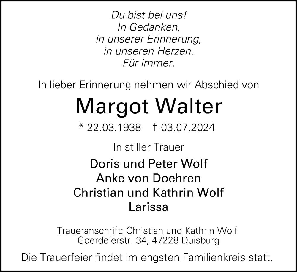  Traueranzeige für Margot Walter vom 17.07.2024 aus Tageszeitung