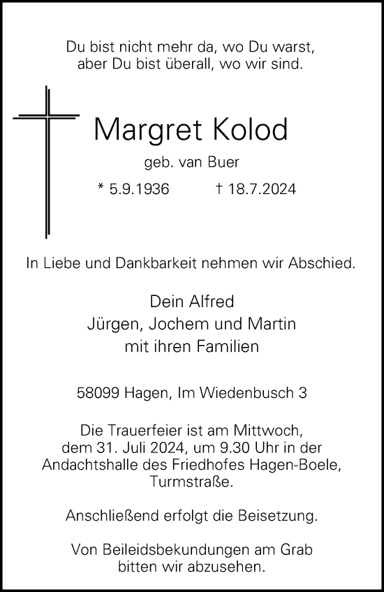 Traueranzeige von Margret Kolod von Tageszeitung