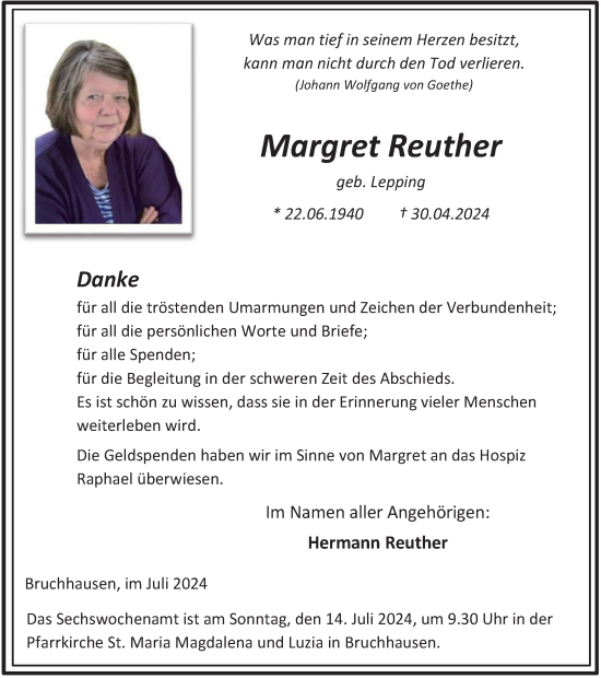 Traueranzeige von Margret Reuther von Tageszeitung