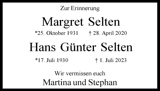 Traueranzeige von Margret und Hans Günter Selten von Tageszeitung