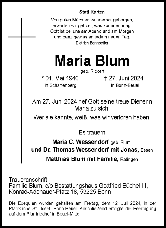 Traueranzeige von Maria Blum von Tageszeitung