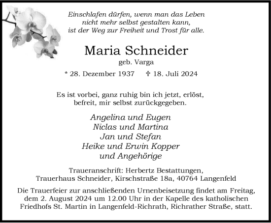 Traueranzeige von Maria Schneider von Tageszeitung