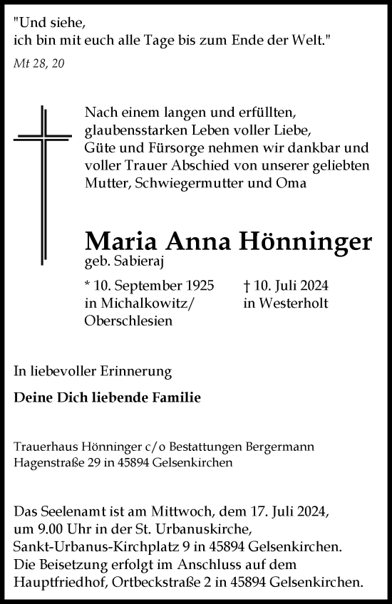 Traueranzeige von Maria Anna Hönninger von Tageszeitung