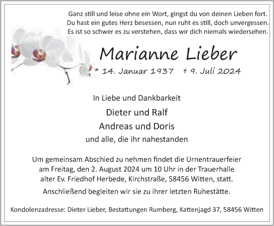 Traueranzeige von Marianne Lieber von Tageszeitung