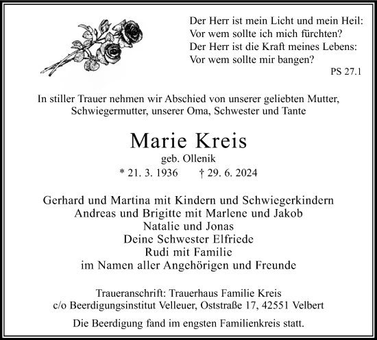 Traueranzeige von Marie Kreis von Tageszeitung