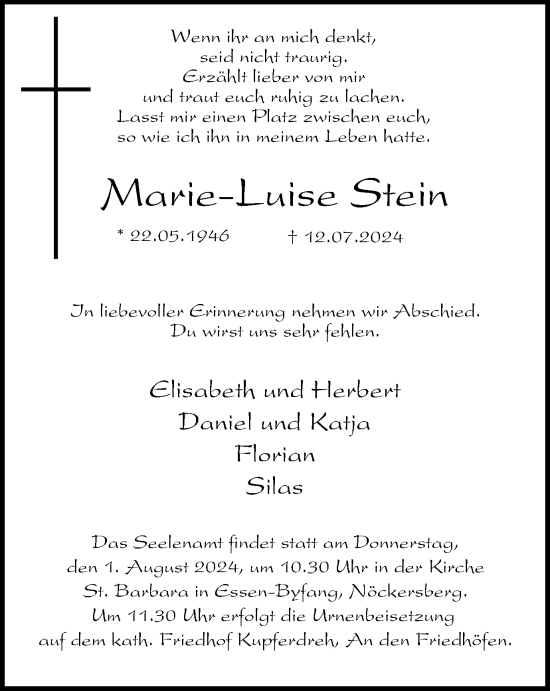 Traueranzeige von Marie-Luise Stein von Tageszeitung