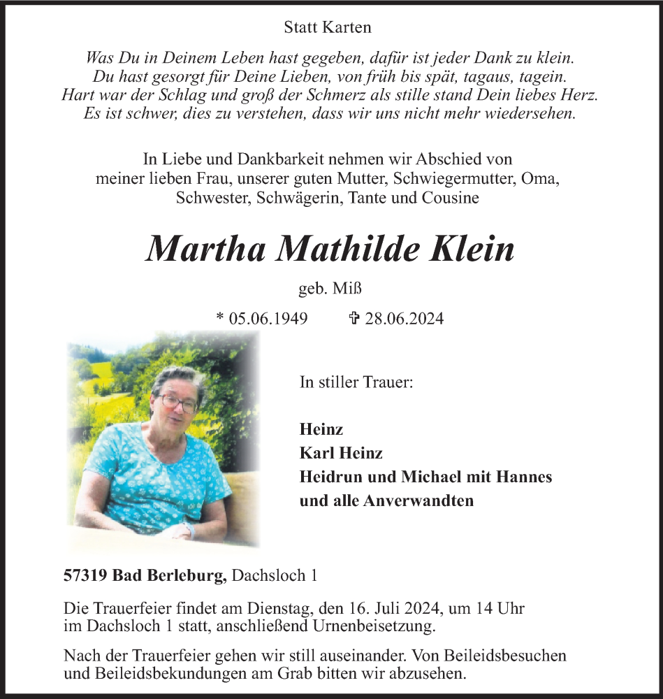  Traueranzeige für Martha Mathilde Klein vom 10.07.2024 aus Tageszeitung