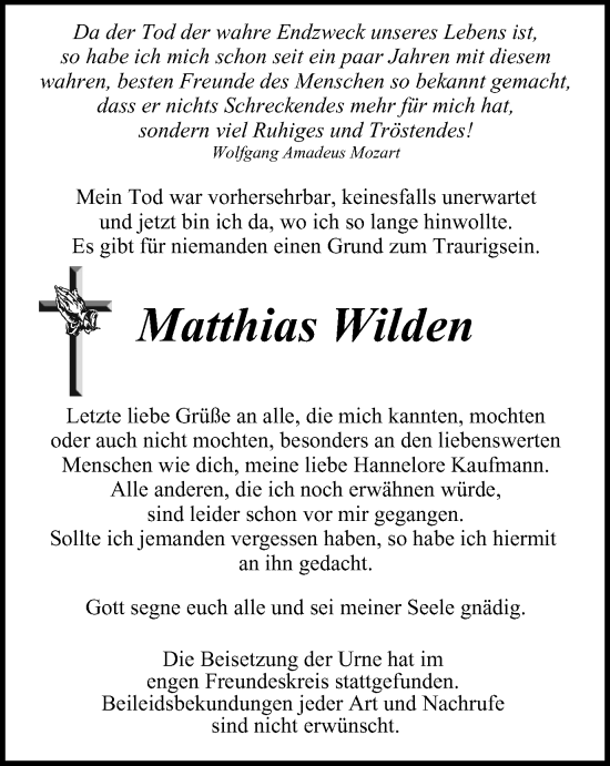 Traueranzeige von Matthias Wilden von Tageszeitung