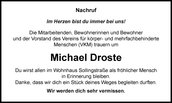 Traueranzeige von Michael Droste von Tageszeitung