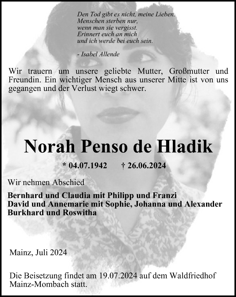  Traueranzeige für Norah Penso de Hladik vom 17.07.2024 aus Tageszeitung