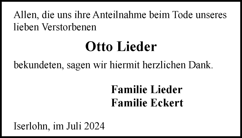  Traueranzeige für Otto Lieder vom 06.07.2024 aus Tageszeitung
