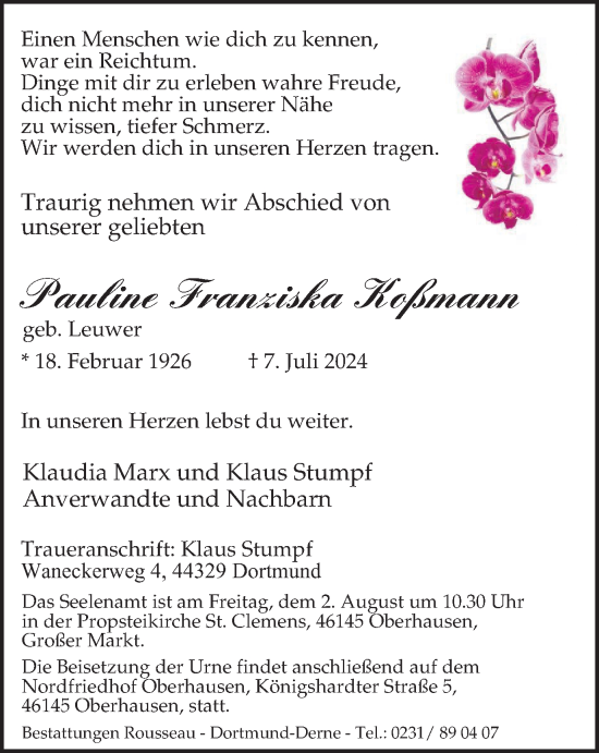 Traueranzeige von Pauline Franziska Koßmann von Tageszeitung