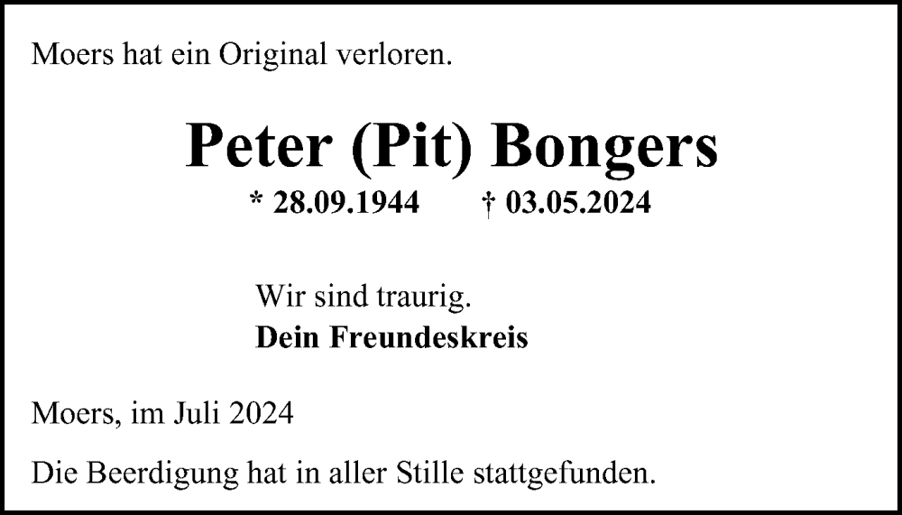  Traueranzeige für Peter Bongers vom 27.07.2024 aus Tageszeitung