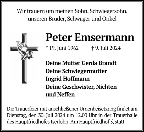 Traueranzeige von Peter Emsermann von Tageszeitung