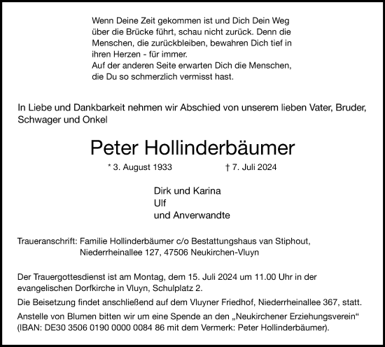 Traueranzeige von Peter Hollinderbäumer von Tageszeitung