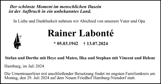 Traueranzeige von Rainer Labonté von Tageszeitung
