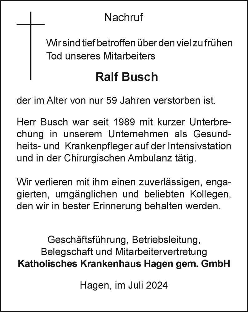  Traueranzeige für Ralf Busch vom 06.07.2024 aus Tageszeitung