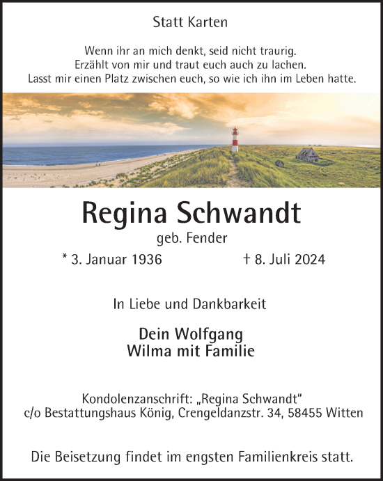Traueranzeige von Regina Schwandt von Tageszeitung