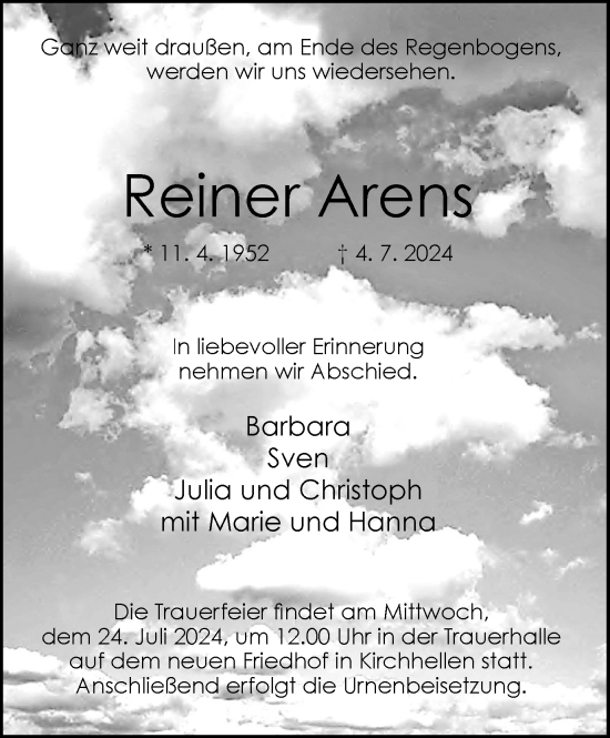 Traueranzeige von Reiner Arens von Tageszeitung