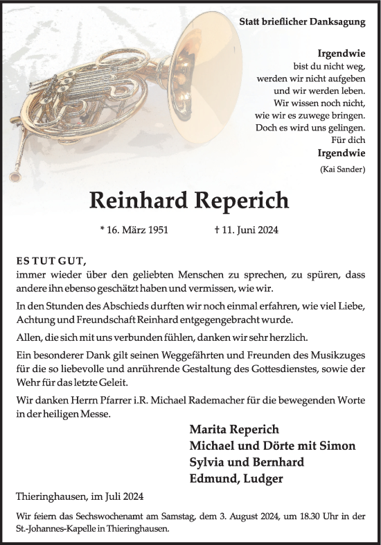 Traueranzeige von Reinhard Reperich von Tageszeitung