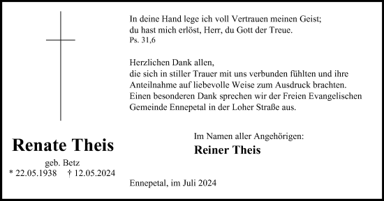 Traueranzeige von Renate Theis von Tageszeitung