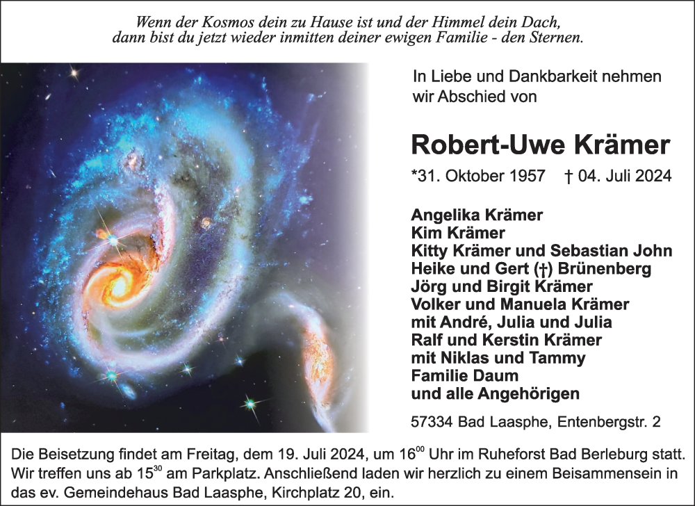  Traueranzeige für Robert-Uwe Krämer vom 13.07.2024 aus Tageszeitung