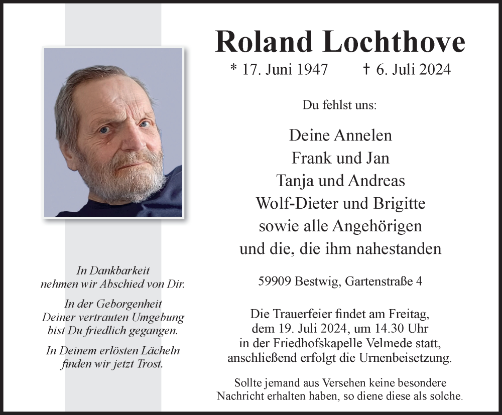  Traueranzeige für Roland Lochthove vom 13.07.2024 aus Tageszeitung