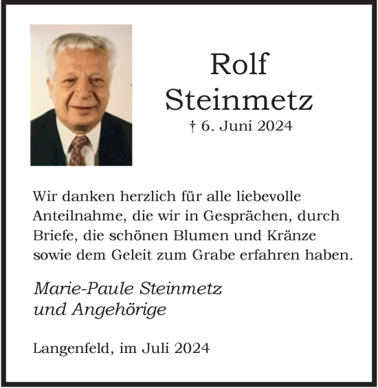 Traueranzeige von Rolf Steinmetz von Tageszeitung