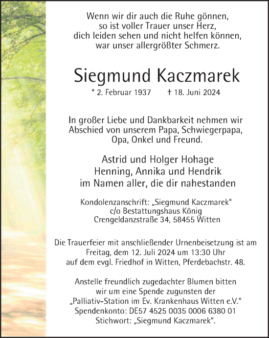 Traueranzeige von Siegmund Kaczmarek von Tageszeitung