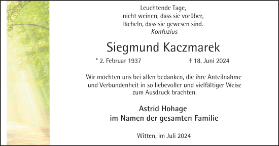 Traueranzeige von Siegmund Kaczmarek von Tageszeitung