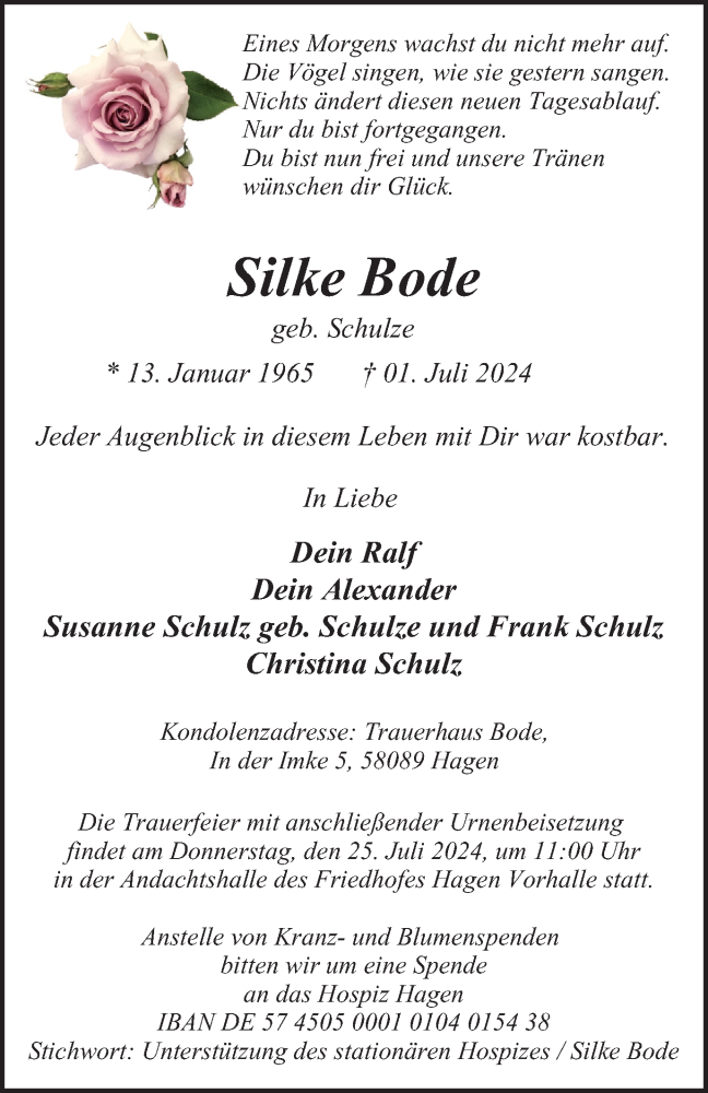  Traueranzeige für Silke Bode vom 20.07.2024 aus Tageszeitung
