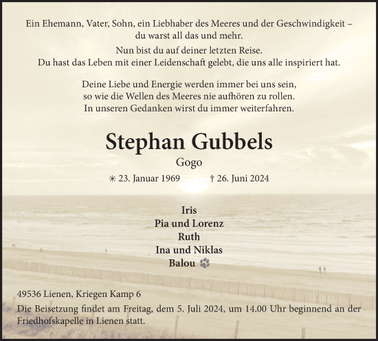 Traueranzeige von Stephan Gubbels von Tageszeitung