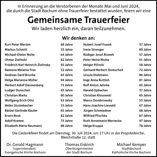 Traueranzeige von Sterbetafel vom 27.07.2024 von Tageszeitung