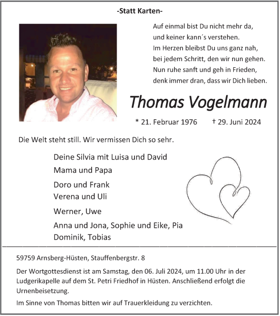 Traueranzeige von Thomas Vogelmann von Tageszeitung