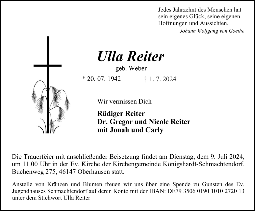  Traueranzeige für Ulla Reiter vom 06.07.2024 aus Tageszeitung