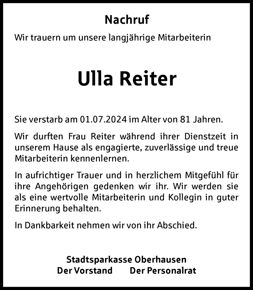  Traueranzeige für Ulla Reiter vom 24.07.2024 aus Tageszeitung