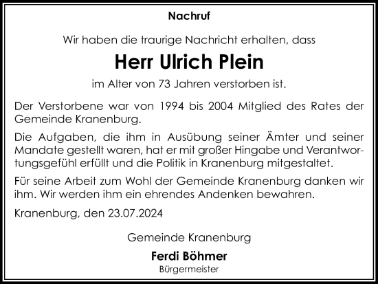 Traueranzeige von Ulrich Plein von Tageszeitung