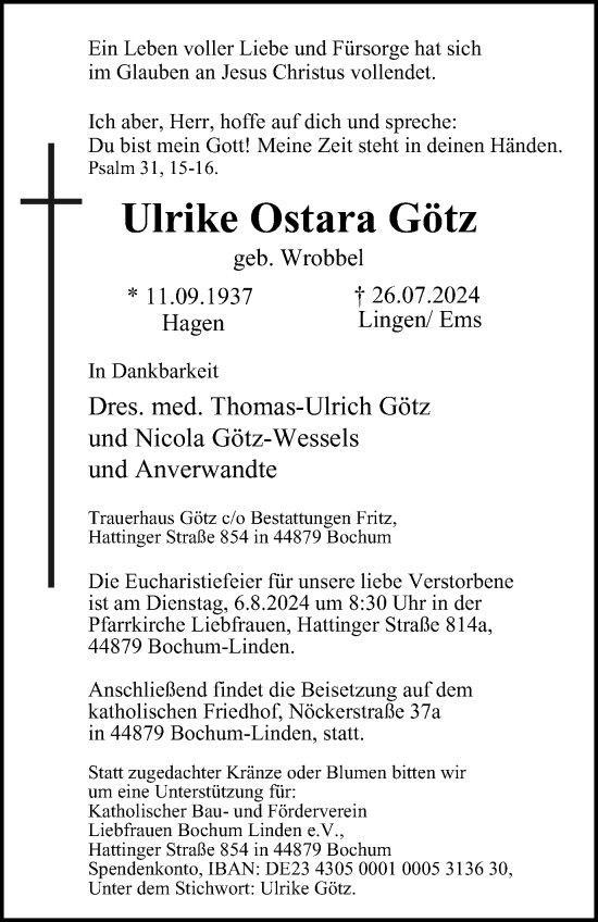 Traueranzeige von Ulrike Ostara Götz von Tageszeitung