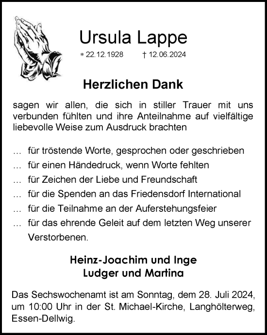 Traueranzeige von Ursula Lappe von Tageszeitung