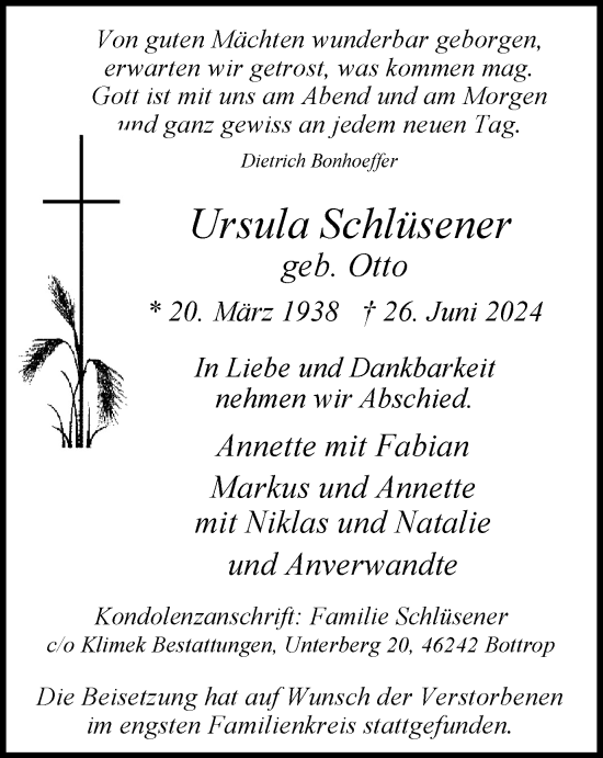 Traueranzeige von Ursula Schlüsener von Tageszeitung