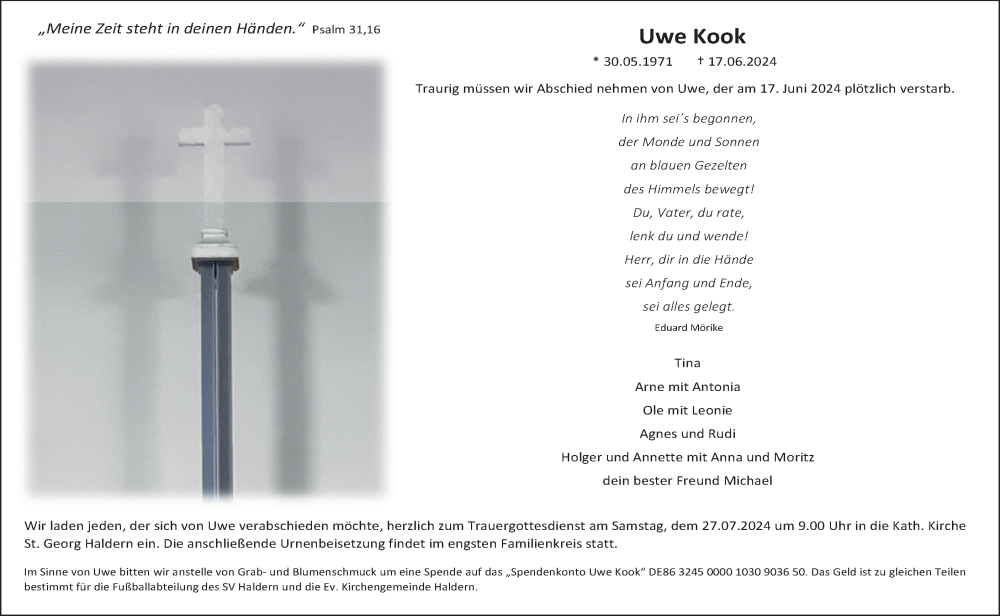  Traueranzeige für Uwe Kook vom 20.07.2024 aus Tageszeitung