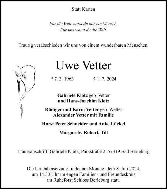 Traueranzeige von Uwe Vetter von Tageszeitung